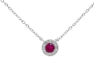 0.17 Carat Natural Ruby & Diamond Halo Necklace in 14k White Gold