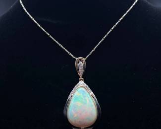 Kristian Olsen 11.94 Carat Natural Opal & Natural Diamond Pendant in 14K Two-Tone Gold