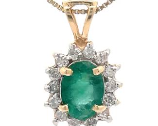 Oval Emerald & Natural Diamond Halo Pendant in 14k Yellow Gold
