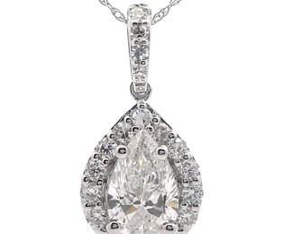 2 Carat Diamond Pear Halo Pendant Necklace in 14k White Gold