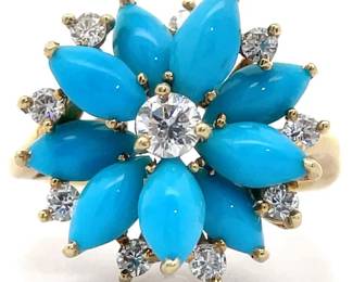 Kurt Wayne Turquoise Petal & Natural Diamond Flower Cluster Ring in 18k Yellow Gold