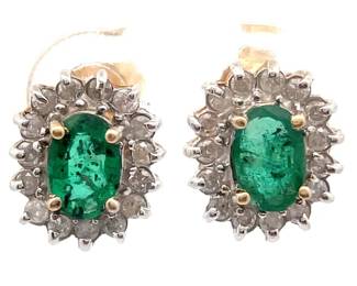 Oval Natural Emerald & Diamond Cluster Stud Earrings in 14k Yellow Gold