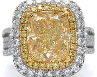 6.32 Carat Natural Fancy Light Yellow Diamond & Natural Diamond Ring in 18K White & Yellow Gold