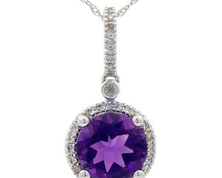 Natural Amethyst & Natural Diamond Drop Halo Necklace in 14k White Gold