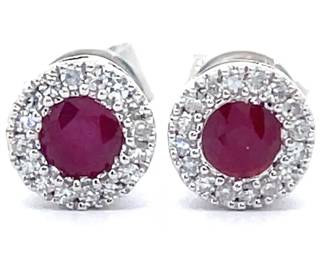 0.37 Carat Natural Ruby & Diamond Halo Stud Earrings in 14k White Gold