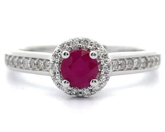 0.66 Carat Natural Ruby & Natural Diamond Halo Ring in 14k White Gold