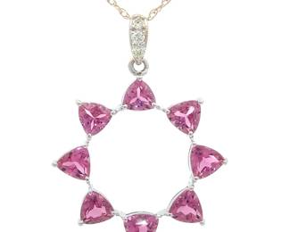 Natural Pink Tourmaline & Natural Diamond Wreath Pendant Necklace in 14k Gold