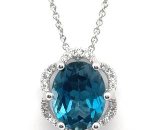 3.25 Carat Natural Blue Topaz & Natural Diamond Basket Halo Pendant Necklace in 14k Gold