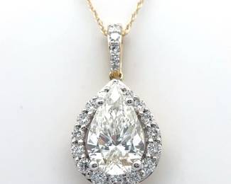 3 Carat Diamond Pear Halo Drop Necklace in 14k Gold