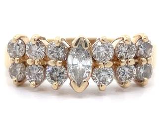 Natural Diamond Marquise Solitaire Chevron Cluster Ring in 14k Yellow Gold