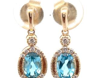 1.55 Carat Natural Blue Topaz & Natural Diamond Drop Earrings in 14k Yellow Gold