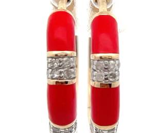 Natural Diamond & Enamel Bamboo Hoop Earrings in Yellow Gold