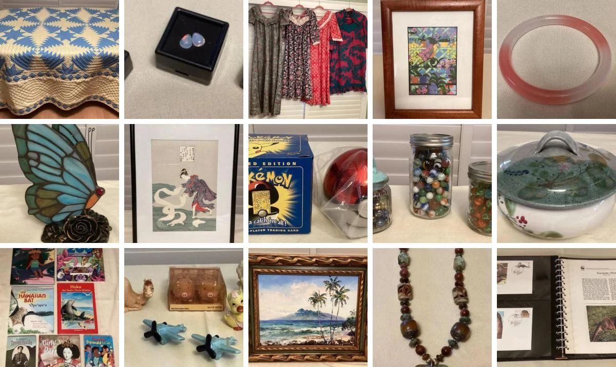 This auction features fine jade bangles, original art, Hawaiian children's books, Pokemon collectibles, stamp collections, toys and activity sets, Tiffany style lamps, vintage marbles, vases, trading cards, household goods and appliances, snuff bottles, fine vintage porcelain by Dorothy Okumoto, handmade quilts and patchwork blankets, vintage clothing and so much more! Happy bidding! 