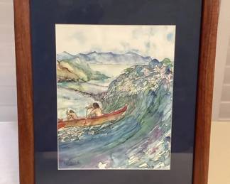 MHH122 Koa Framed Picture Of Canoe Paddlers