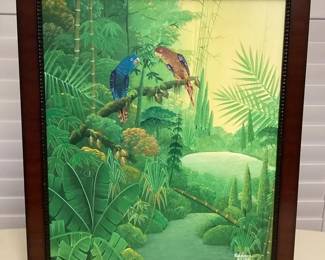 MHH127 Framed Original Painting Of Two Parrots In A Tropical Forest
