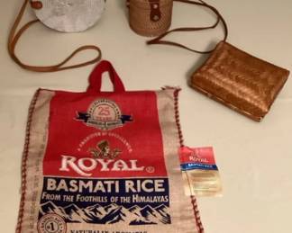 MHH096 Two Woven Basket Bags, Jute Basmati Rice Bag Tote & Woven Box