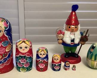 MHH081 Russian Matryoshka Nesting Dolls, Polish Wooden Egg & Pier 1 Nut Cracker