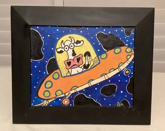 MHH090 Framed Original Painting Of Cow In A Spaceship