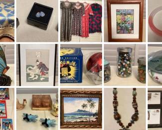 This auction features fine jade bangles, original art, Hawaiian children's books, Pokemon collectibles, stamp collections, toys and activity sets, Tiffany style lamps, vintage marbles, vases, trading cards, household goods and appliances, snuff bottles, fine vintage porcelain by Dorothy Okumoto, handmade quilts and patchwork blankets, vintage clothing and so much more! Happy bidding! 