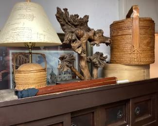 Wood sculpture, basket lamp, steamer basket, parasol,japanese picnic basket