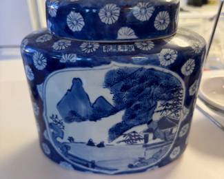 $blue & white jar with lid $40