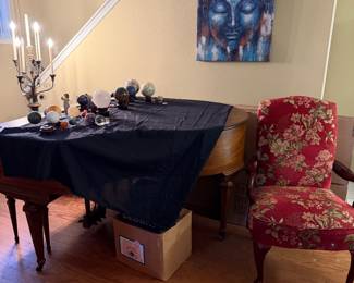 Red floral chair $125. Candlelabra lamp$95 Sphere crystals and others various prices. Please contact me for a price. Pre sale available.