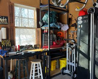 Garage work table, storage cabinet, shelving 
