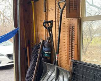 Garden Tools, Shovels, Dog Crate, etc 