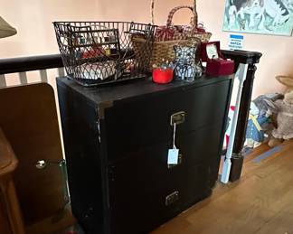 Vintage Black Lacquered Campaign Chest of Drawers