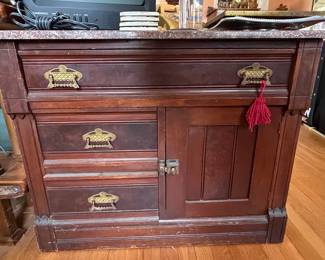 Victorian Eastlake Walnut Washstand with Marble Top