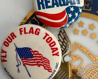 Ronald Reagan "REAGAN" Campaign Button and "FLY OUR FLAG TODAY" National Fly the Flag Crusade Button