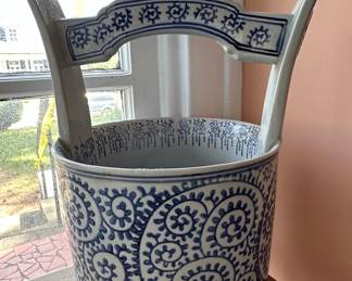 Blue and White Ceramic Handled Bucket Vase
