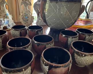 Soma Ware Japanese Pottery Somayaki Punch Bowl Set