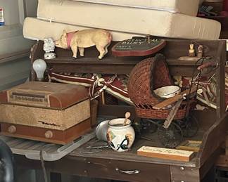 Vintage Wooden Desk with Assorted Collectibles