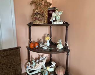 Assorted Ceramic and Porcelain Figurines Collection on Victorian Corner Shelf
