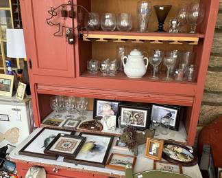 Vintage Hoosier Cabinet with Glassware and Decor
