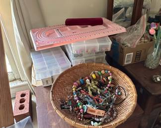 Assorted Beaded Necklaces and Bracelets in Wicker Basket
