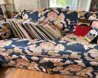 Vintage Floral Sofa with Collection of Musical Theater Vinyl Records
