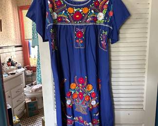 Embroidered Blue Mexican Folk Art Dress with Basket of Flowers