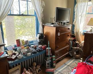 Vintage Wooden Dresser with Assorted Collectibles