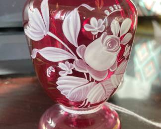 Small hand painted cranberry vase
