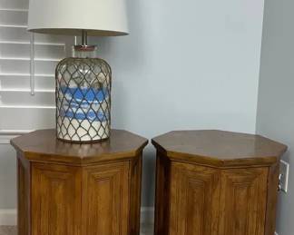 Pair of Hexagonal Wood Accent Tables with Decorative Table Lamp