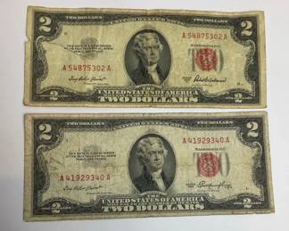 Pair of Vintage U.S. $2 Red Seal Notes Series 1953