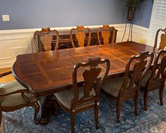 006 Double Pedestal Marquetry Dining Table w 8 Chairs