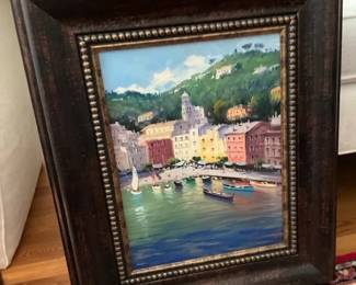 Framed Italian Harbor Scene Oil Painting from Portofino