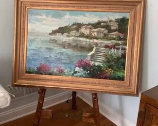 005 Framed Coastal Harbor Landscape Oil Painting by Peter Bell includes Easel