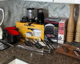 Kitchen Countertop Appliance and Cookware Lot with Utensils 
