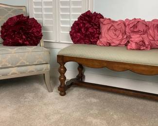 Upholstered Accent Chair and Bench with Decorative Pillows