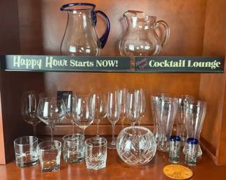 Home Bar Glassware Collection with Pitchers, Wine Glasses, Tumblers, and Bar Sign