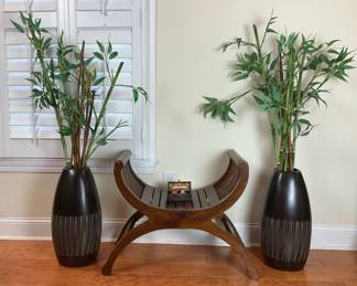 Contemporary Wooden Accent Bench with Decorative Planters and Bamboo
